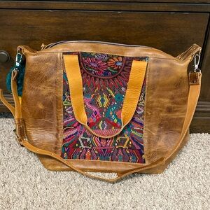 Boho Leather Shoulder Bag with Colorful Woven Panel - Brown